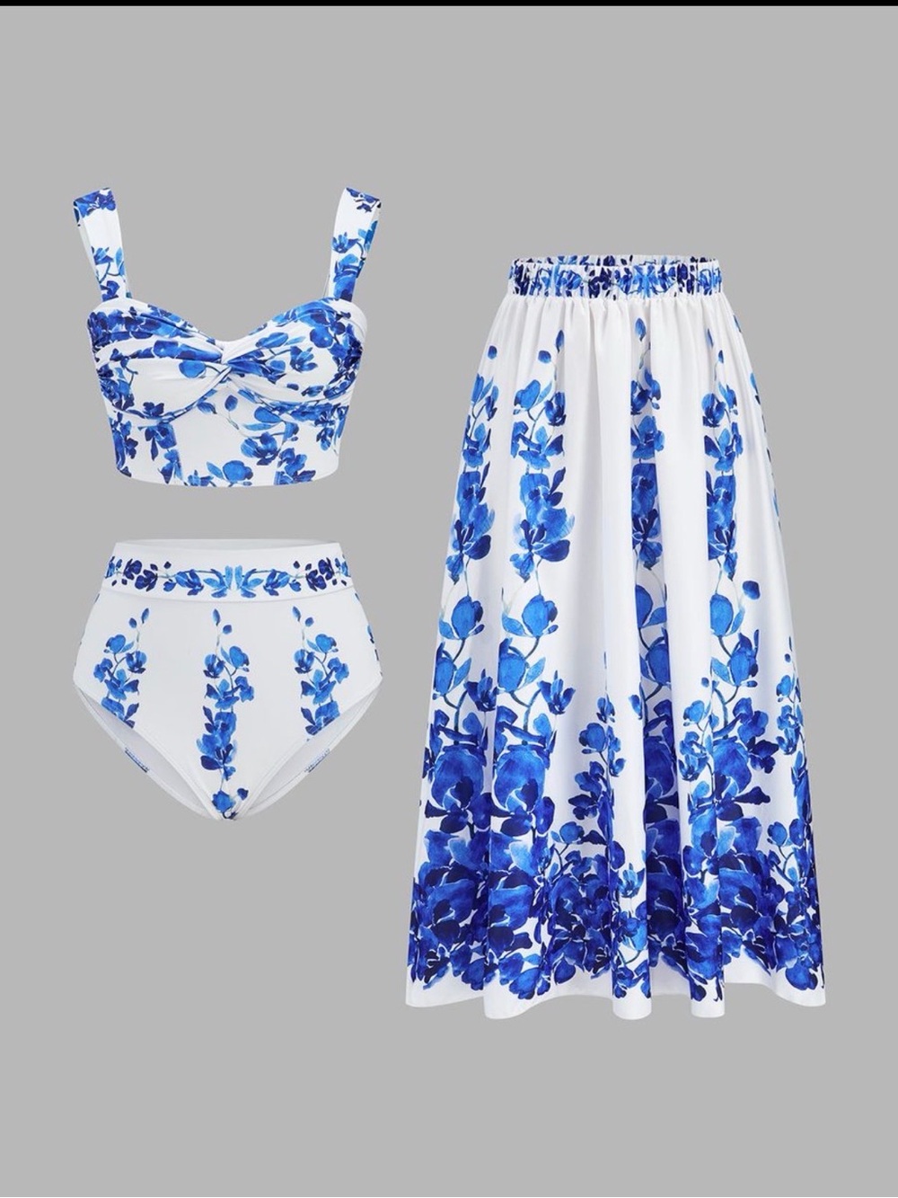 Commense Blue & White Floral 3-Piece Swim Set with Skirt